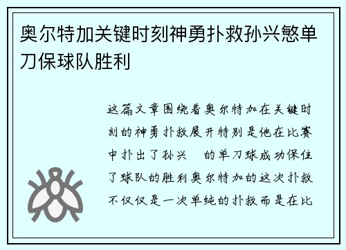 奥尔特加关键时刻神勇扑救孙兴慜单刀保球队胜利